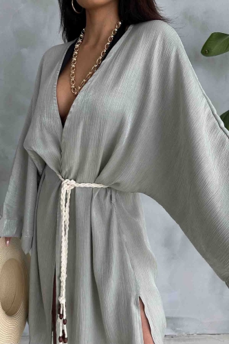 HRK-19102 Yeşil Effect Saten Kumaş Halat Kuşaklı Uzun Kimono - 2