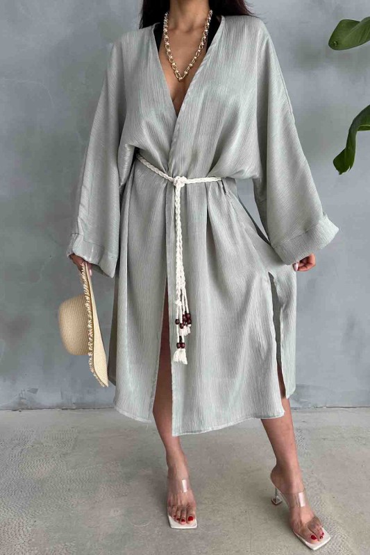 HRK-19102 Yeşil Effect Saten Kumaş Halat Kuşaklı Uzun Kimono - 3