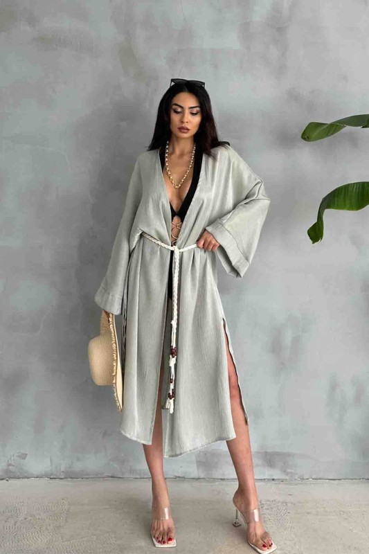 HRK-19102 Yeşil Effect Saten Kumaş Halat Kuşaklı Uzun Kimono - 1