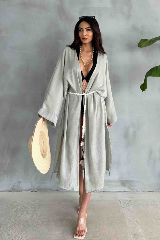 HRK-19102 Yeşil Effect Saten Kumaş Halat Kuşaklı Uzun Kimono - 4