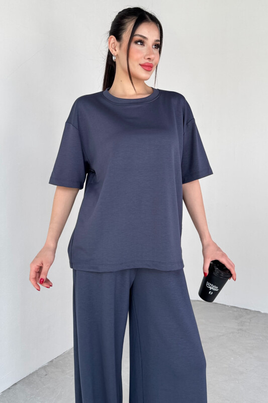 İND-1113 Lacivert Modal Kumaş Yarım Kol Basic Bluz - 1