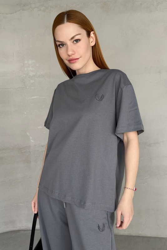 İND-20312 Füme Yaprak Desenli Tişört - 1