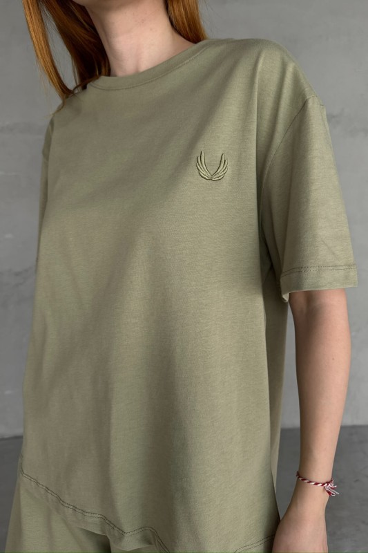 İND-20312 Haki Yaprak Desenli Tişört - 2