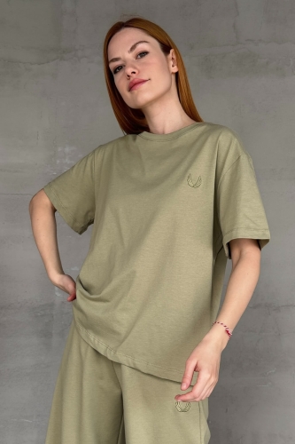 İND-20312 Haki Yaprak Desenli Tişört - 1