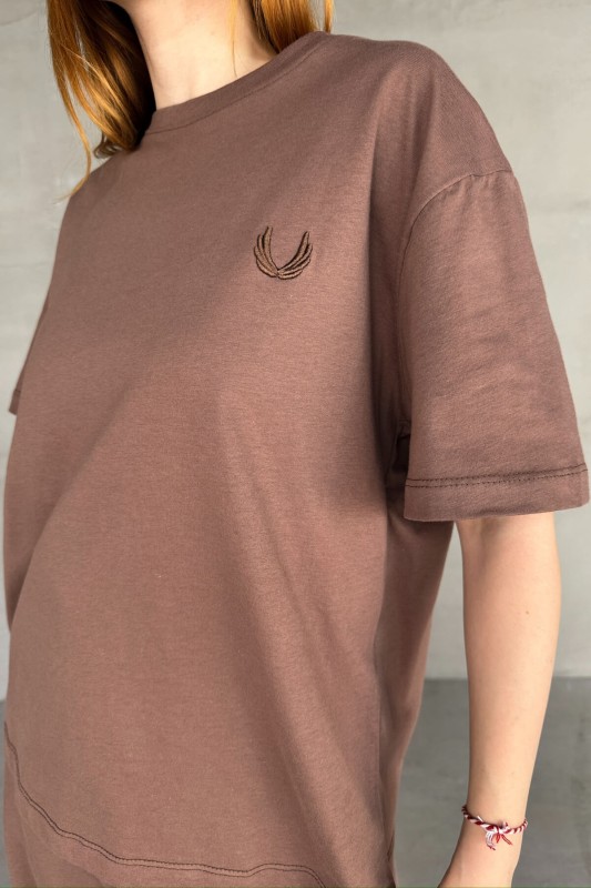 İND-20312 Kahverengi Yaprak Desenli Tişört - 2