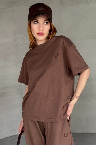 İND-20312 Kahverengi Yaprak Desenli Tişört - 1