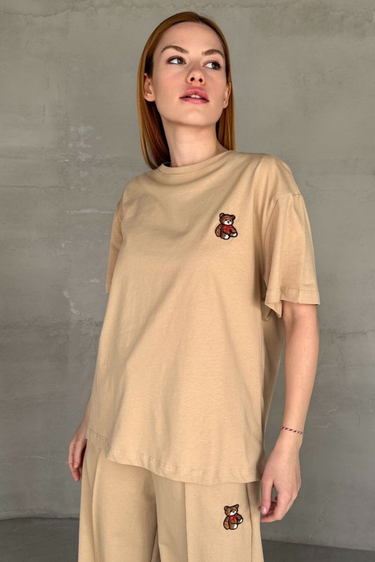 İND-20313 Vizon Ayıcık Nakışlı Bisiklet Yaka Tişört - 1