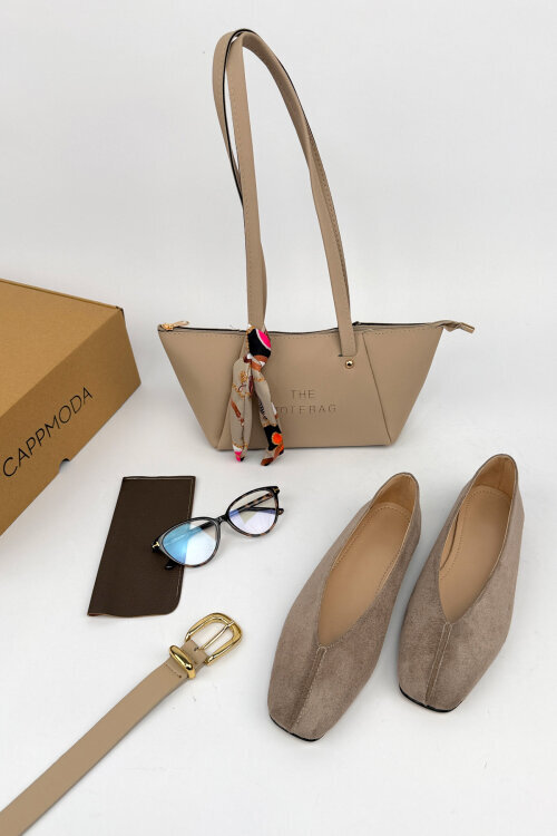 Jade Serisi Bej Süet Babet-Çanta-Kemer-Gözlük Seti
