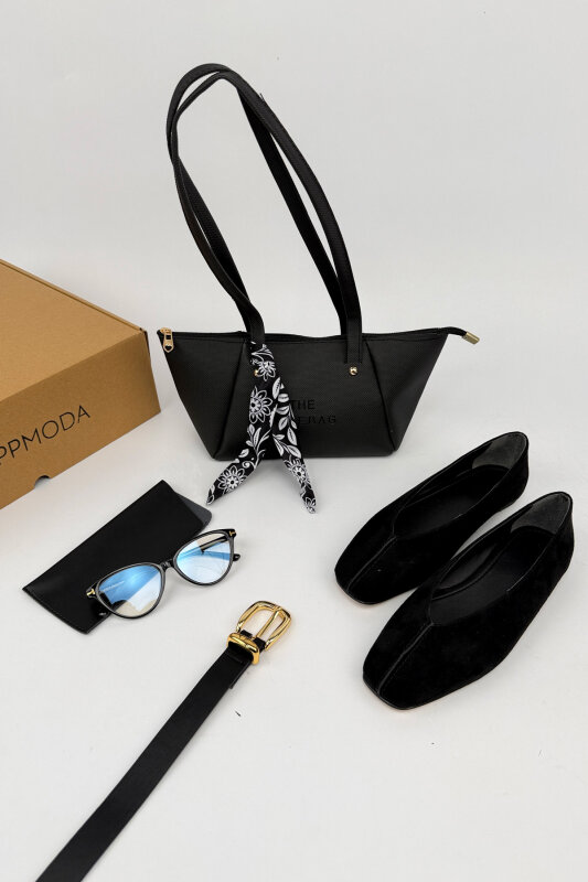 Jade Serisi Siyah Süet Babet-Çanta-Kemer-Gözlük Seti - 1