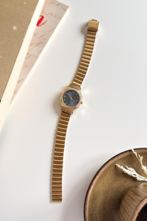 Jarve Lacivert Tırtıklı Yuvarlak Kadran Gold Çelik Kordon Kadın Kol Saati 