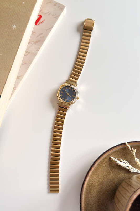 Jarve Lacivert Tırtıklı Yuvarlak Kadran Gold Çelik Kordon Kadın Kol Saati - 1