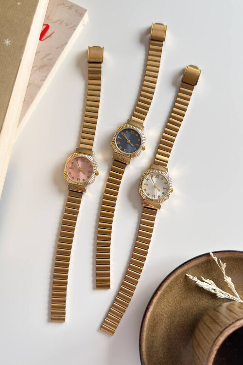 Jarve Lacivert Tırtıklı Yuvarlak Kadran Gold Çelik Kordon Kadın Kol Saati (1)