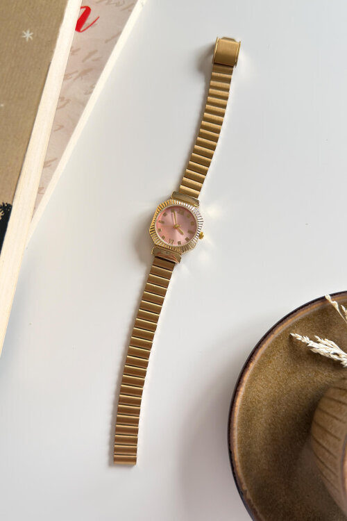 Jarve Pudra Tırtıklı Yuvarlak Kadran Gold Çelik Kordon Kadın Kol Saati 