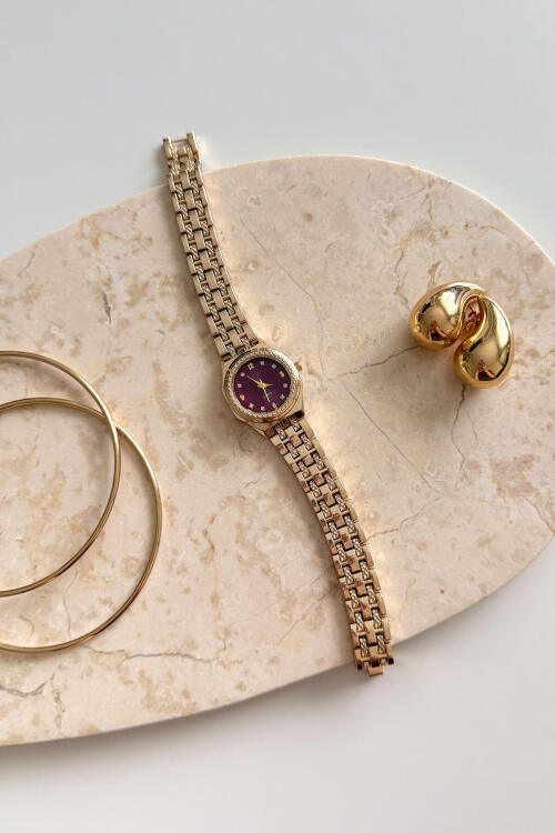 Jasmine Gold Bordo Yuvarlak Kadran Çelik Kordon Kadın Kol Saati