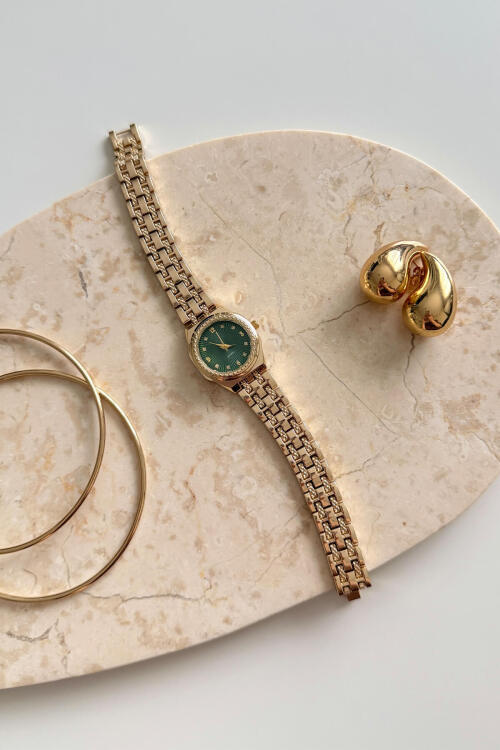 Jasmine Gold Yeşil Yuvarlak Kadran Çelik Kordon Kadın Kol Saati 