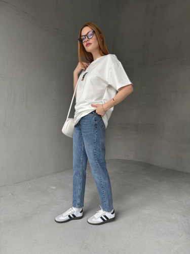 JEAN-08124 Mavi Taşlamalı Süper Kalıp Momfit Jean - 3