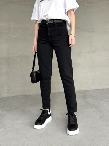 JEAN-08124 Siyah Taşlamalı Süper Kalıp Momfit Jean - Cappmoda