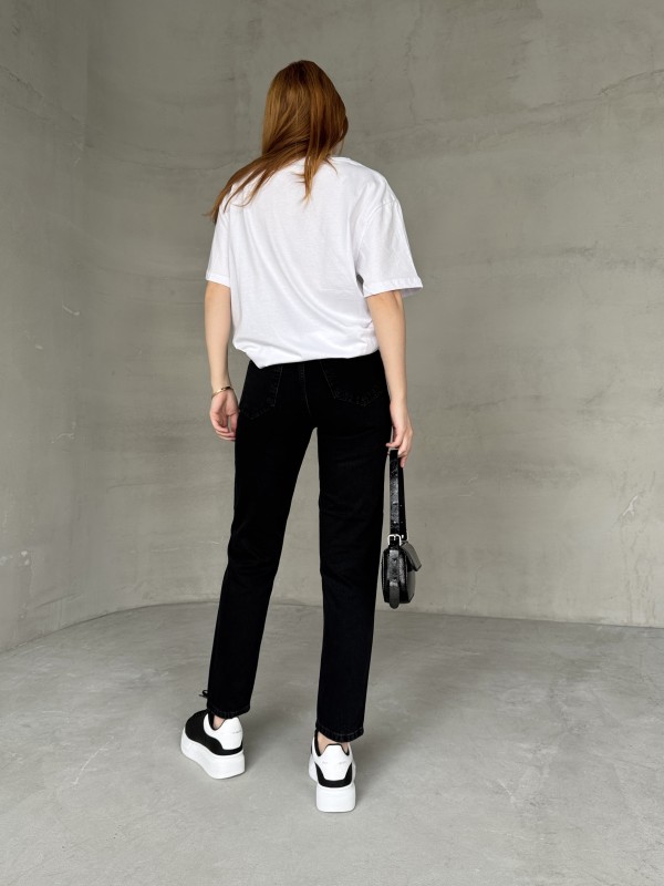 JEAN-08124 Siyah Taşlamalı Süper Kalıp Momfit Jean - 4