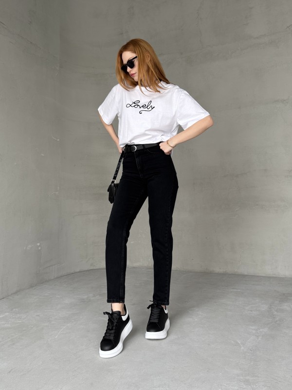 JEAN-08124 Siyah Taşlamalı Süper Kalıp Momfit Jean - 3