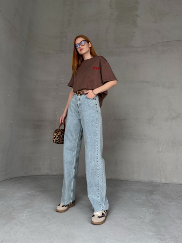 JEAN-08129 Açık Mavi Kesik Paça Kot Kumaş Yüksek Bel Palazzo Jean - 2