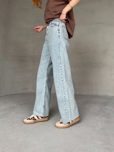 JEAN-08129 Açık Mavi Kesik Paça Kot Kumaş Yüksek Bel Palazzo Jean - 3