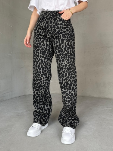 JEAN-08130 Füme Leopar Desenli Kot Kumaş Yüksek Bel Palazzo Jean - Cappmoda