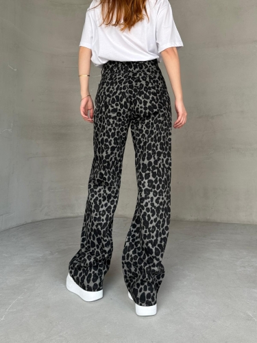 JEAN-08130 Füme Leopar Desenli Kot Kumaş Yüksek Bel Palazzo Jean - 6