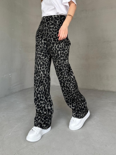 JEAN-08130 Füme Leopar Desenli Kot Kumaş Yüksek Bel Palazzo Jean - 3