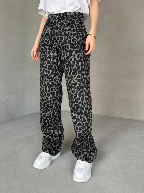 JEAN-08130 Füme Leopar Desenli Kot Kumaş Yüksek Bel Palazzo Jean - 4