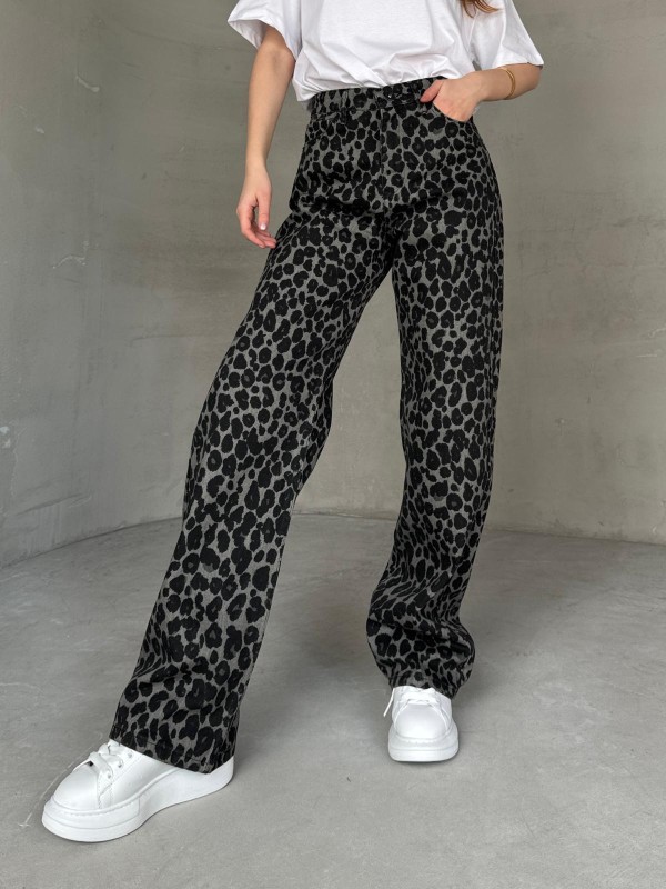 JEAN-08130 Füme Leopar Desenli Kot Kumaş Yüksek Bel Palazzo Jean - 5