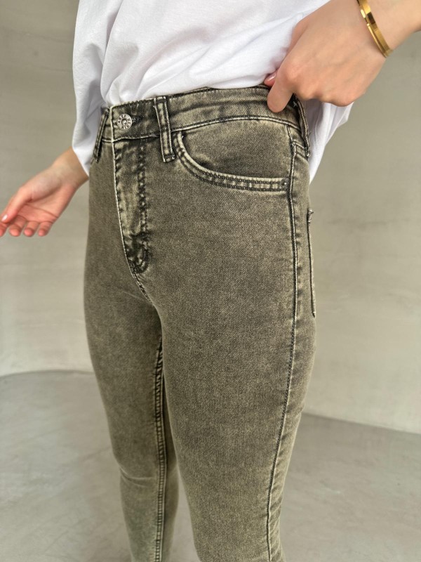 JEAN-08131 Haki Yıkama Kumaş Yüksek Bel Likralı Skinny Jean - 3
