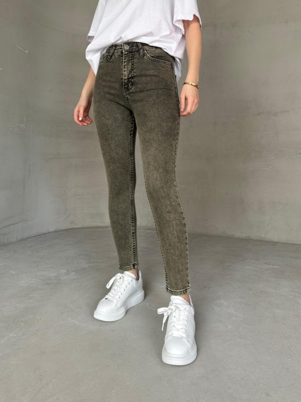 JEAN-08131 Haki Yıkama Kumaş Yüksek Bel Likralı Skinny Jean - 2
