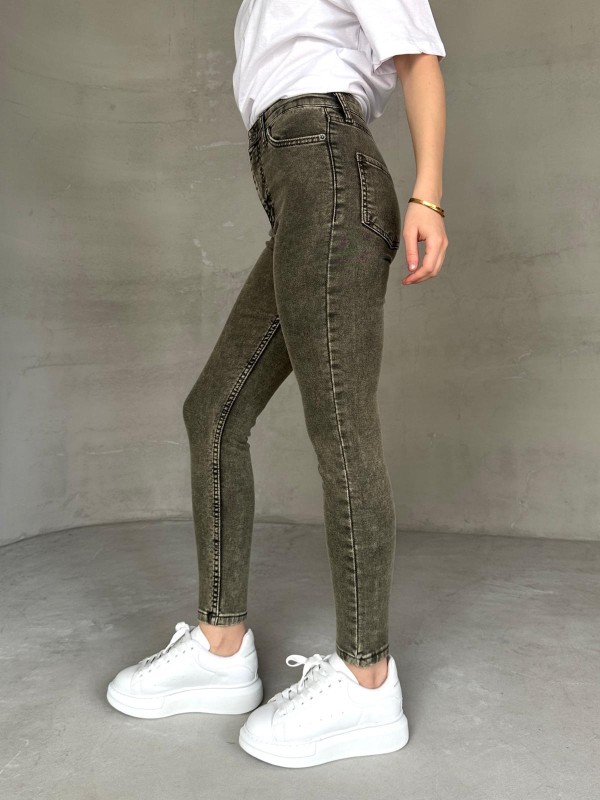 JEAN-08131 Haki Yıkama Kumaş Yüksek Bel Likralı Skinny Jean - 4