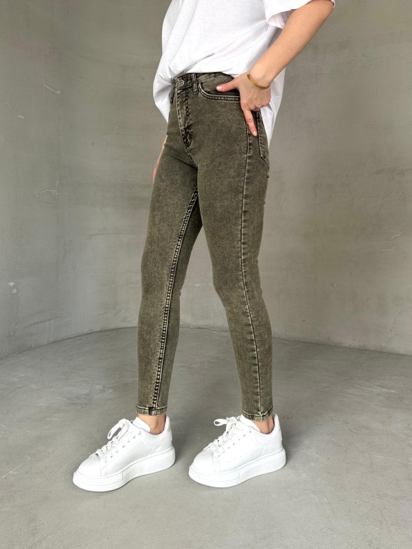 JEAN-08131 Haki Yıkama Kumaş Yüksek Bel Likralı Skinny Jean - 5