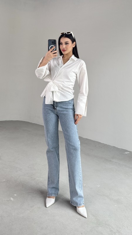 JEAN-08132 Buz Mavi Full Taş İşlemeli Likralı Palazzo Jean - 2