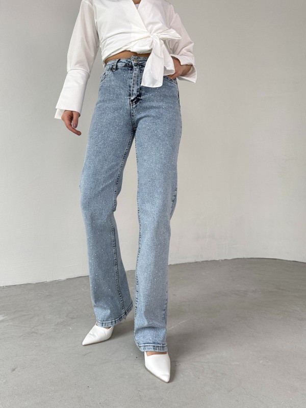 JEAN-08132 Buz Mavi Full Taş İşlemeli Likralı Palazzo Jean - 1