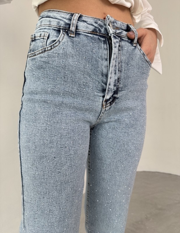 JEAN-08132 Buz Mavi Full Taş İşlemeli Likralı Palazzo Jean - 3