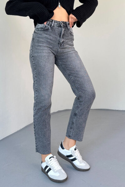JEAN-08133 Füme Yüksek Bel Kesik Paça Jean 