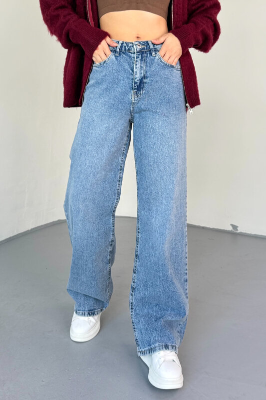 JEAN-08134 Açık Mavi Geniş Paça Taşlamalı Jean - 1