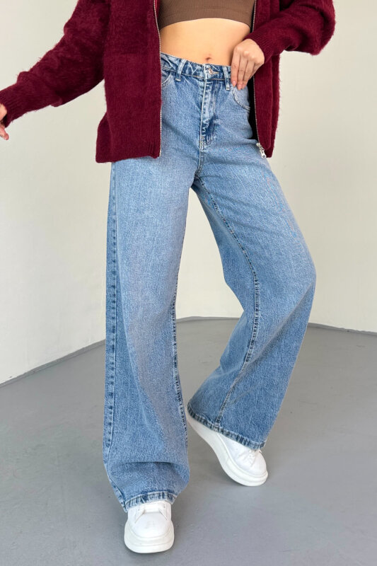 JEAN-08134 Açık Mavi Geniş Paça Taşlamalı Jean - 3