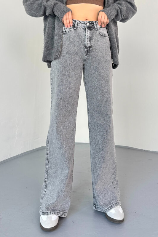 JEAN-08134 Füme Geniş Paça Taşlamalı Jean - 1
