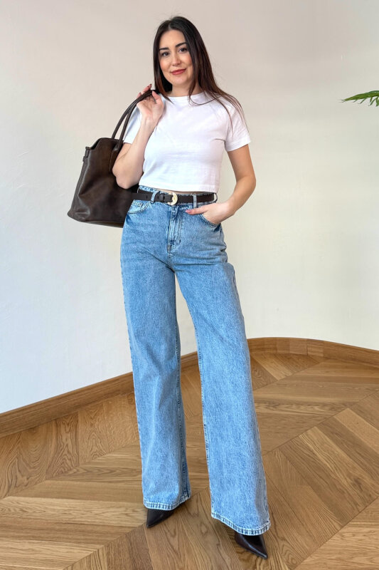 JEAN-1014 Buz Mavi Yüksek Bel Palazzo Jean - 1