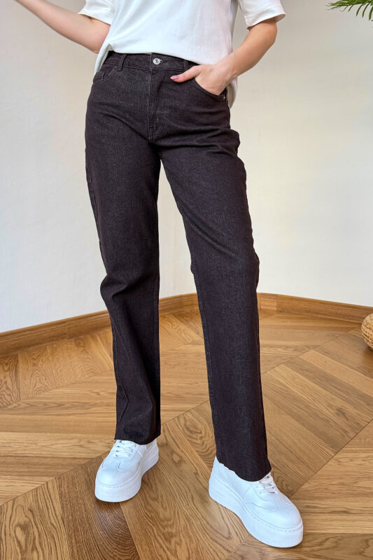 JEAN-1015 Acı Kahve Kesik Paça Yüksek Bel Mom Jean - 1