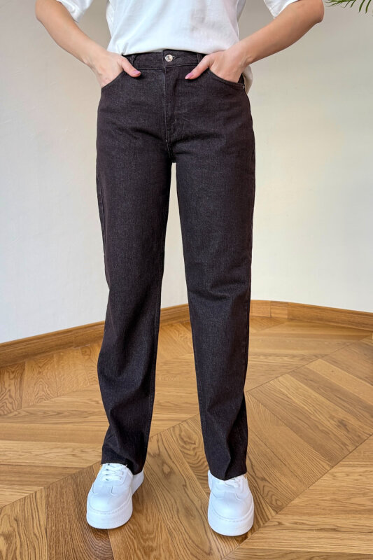 JEAN-1015 Acı Kahve Kesik Paça Yüksek Bel Mom Jean - 5