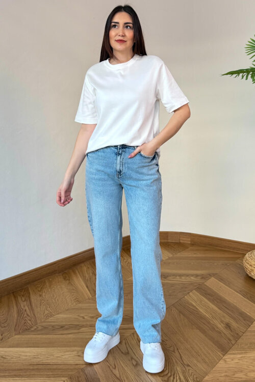 JEAN-1015 Buz Mavi Kesik Paça Yüksek Bel Mom Jean - 3