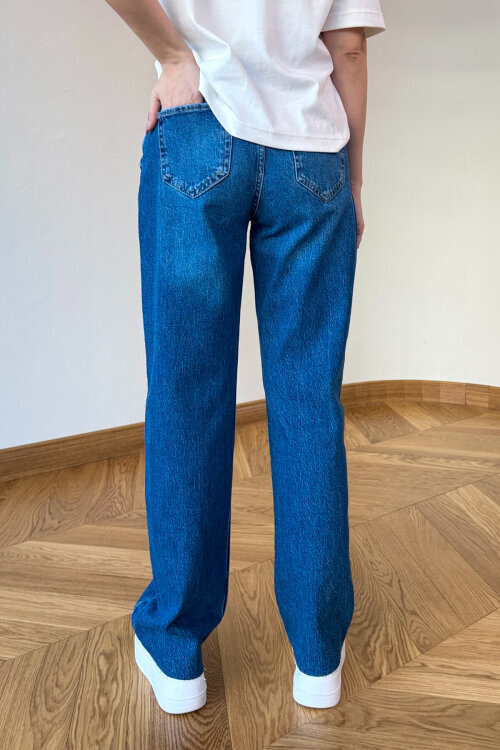 JEAN-1015 Koyu Mavi Kesik Paça Yüksek Bel Mom Jean - 4