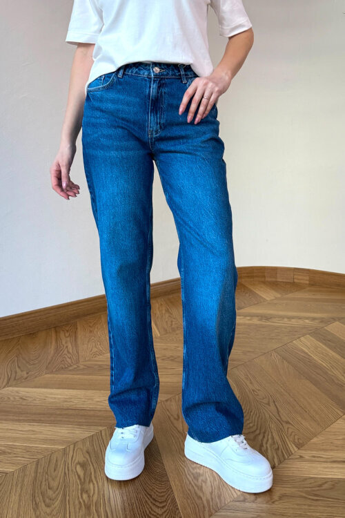 JEAN-1015 Koyu Mavi Kesik Paça Yüksek Bel Mom Jean