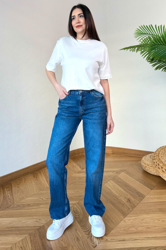 JEAN-1015 Koyu Mavi Kesik Paça Yüksek Bel Mom Jean - 2