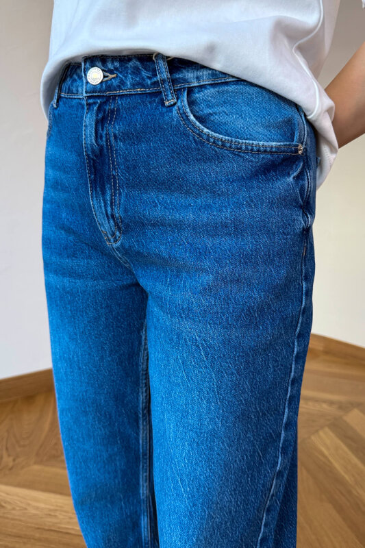 JEAN-1015 Koyu Mavi Kesik Paça Yüksek Bel Mom Jean - 5