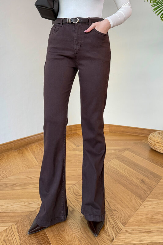 JEAN-1016 Acı Kahve Yüksek Bel Full Likralı İspanyol Paça Jean - 2